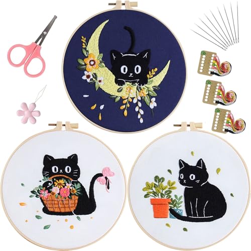 EOBTAIN 3 Pcs Black Cat Embroidery Kit for Beginners, Animal with Floral Embroidery Kits for Adults,Flower Embroidery Starter Kit with Pattern,Hoop,Thread,Needles,Hand DIY Craft Kits for Adults - color: Cat