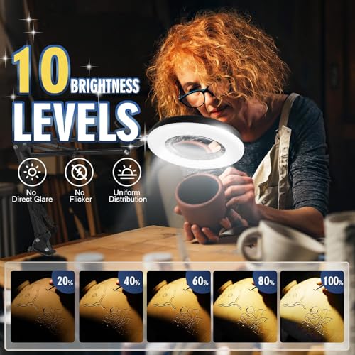 12X Magnifying Glass with Light and Stand, 144 LEDs Brightest Desktop Magnifying Lamp, 10 Dimmable Brightness 5 Color Modes, Hands Free Metal Swing Arm Desk Lamp for Craft Reading Painting (black) - color: Black