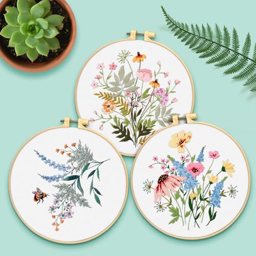 ERKOON Embroidery Kit for Beginners, 5 Sets Flower Cross Stitch Set for Adults Include Embroidery Cloth Hoops Threads for Craft Lover Hand Stitch with Skill Techniques (Flower) - color: Flower