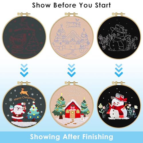 ERKOON 3 Sets Embroidery Kit for Beginners, Christmas Cross Stitch Set with Easy Pattern Embroidery Cloth Hoops Threads for Craft Lover Hand Stitch - color: 3pcs Christmas