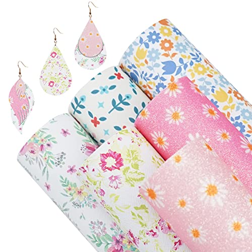 LITCHI 6 Pack 8x12 Inch Faux Leather Sheets for Bow Earring, Easy to Cut Vinyl Fabric for Cricut, Durable Fade Resistant Leatherette Without Smell, Follow Pattern - color: Daisyflower