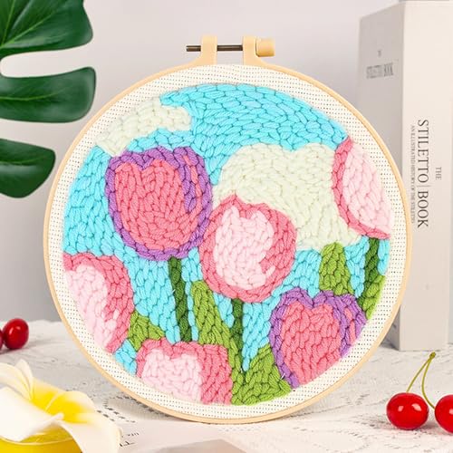 Woohome Punch Needle Kit Included Plastic Hoops, Punch Needle Cloth, Color Yarn and Punch Needle Tools for Adults, Beginners (White, Pink and Purple Flowers) - color: Color 20