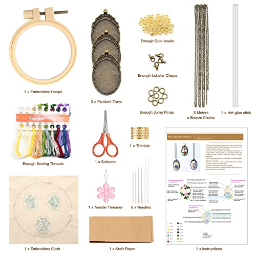 ZOCONE 3 Packs Embroidery Necklace Kit, Embroidery Pendant Kits Mini Cross Stitch Kit with Hoop, Necklace, Pendant, Beads, Stamped Pattern Cloth, Instructions, etc., Embroidery Kits for Adults - color: Gold Beads-G