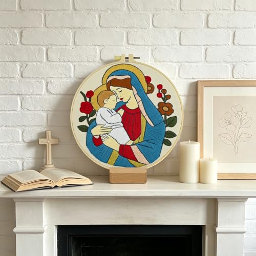 Christian Embroidery Kit for Beginners Adults, Virgin Mary Easy Cross Stitch Kit Jesus and The Holy Mother Mary Pattern Embroidery Starter Kits with Wooden Hoop Needles Threads and Instruction - color: Virgin Mary