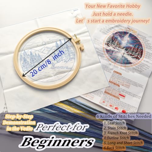 FONNUY Embroidery Kit for Beginners, Boho Nature Landscape Pre-Stamped Pattern Kits for Adults with Hoop, Easy to Follow Color Thread Needlework, 8'' Hoop (Winter Night) - color: Winter Night