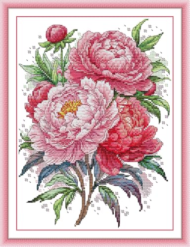CaptainCrafts Cross Stitch Kits Flowers Stamped Printed Fabric Cross Stitching DIY Needlepoint Embroidery Kit for Adults - color: Peony flowers, style: Stamped