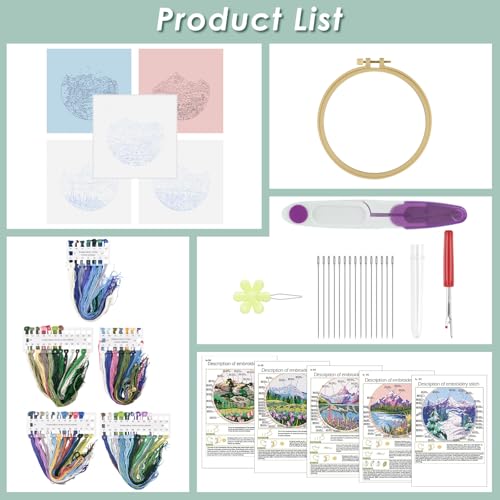 ERKOON Embroidery Kit for Beginners, 5 Sets Flower Cross Stitch Set for Adults Include Embroidery Cloth Hoops Threads for Craft Lover Hand Stitch with Skill Techniques (Landscape) - color: Landscapes