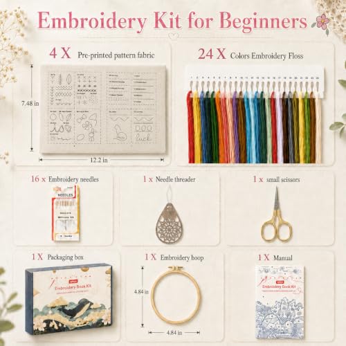 spicssa Beginner Embroidery Stitch Book Kit, 79 Stitches, Video Tutorials