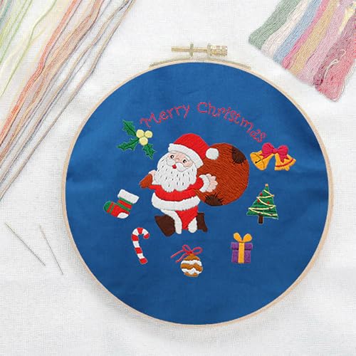 CREAWONDER Canvas Tote Bag Embroidery Kit with Pattern for Beginners, Arts and DIY Embroidery Crafts Kits for Adults, Include Instructions, Thimble, Embroidery Hoops, Color Threads and Tool - color: CR002 SantaClaus darkblue