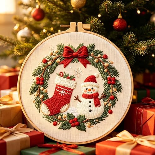 FONNUY Cute Christmas Embroidery Kit for Beginners, Festive Winter Pre-Printed Pattern & Supplies Set for Adults, DIY Handmade Needlepoint Kits Wall Art, 8'' Hoop (Holly Berries) - color: Holly Berries