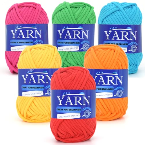 Bright Series Cotton Crochet Yarn - Blue, Green, Pink, Red, Yellow, Orange - Easy-to-See Stitches for Beginners - color: Bright Series, size: 6 PACK