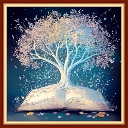 Redxing Stamped Cross Stitch Kits Embroidery kit for Beginners Adults Full Range of Embroidery Patterns Starter Kits DIY Printed Cross Stitch Kits Needlepoint Kits 11CT-White Tree Book 18x18 inchs - color: Artskits35