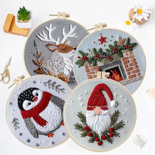 LB Christmas Gnome Embroidery Kit for Beginners: 4-Piece Cross Stitch Set with Penguin, Deer, Green Plant & Fireplace | Adults DIY Starter Kit Includes Hoop, Threads, Tools and Instructions - color: Grey