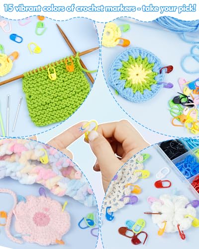 FIVEIZERO 220/900 Pieces Stitch Markers,with 15 Pcs Large Eye Blunt Sewing Needles,Colorful Crochet Stitchs Markers for Knitting Stitch Locking Clips Crochet Pins with Storage Box - size: 220PCS
