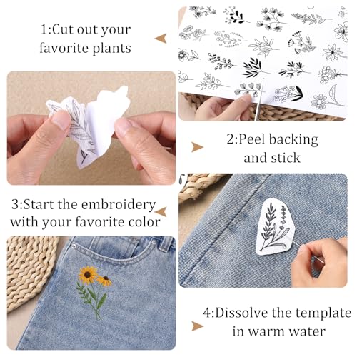 Flower Water Soluble Embroidery Patterns, 3 Sheets 80 Pcs Stick and Stitch Embroidery Papers Wash Away, Transfer Paper with Pre-Printed Floral Leaves Designs for Hand Sewing Lovers Beginners - size: Flowers