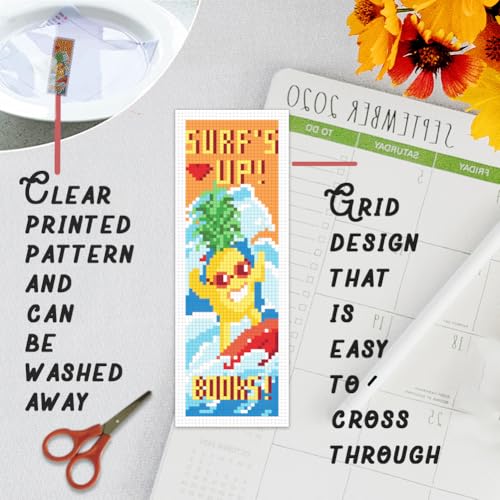 BEUNITONE 6 Pcs Cute Animals Cross Stitch Bookmark Kit for Beginner Adults DIY Beach Stamped Embroidery Bookmark Kits with Instruction for Starters Printed Cross Stitch Kits for Book Lover 8''x2.4'' - style: Fun Seaside