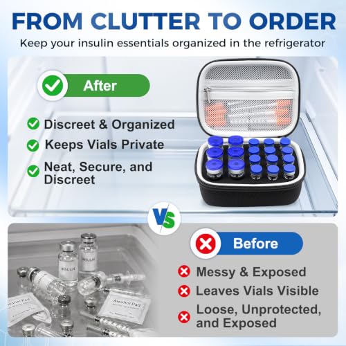 Peptide Case for Fridge, Insulin Vial Case for Diabetics & Peptide Users - color: Black- 12×3ml+6×(5ml/10ml)