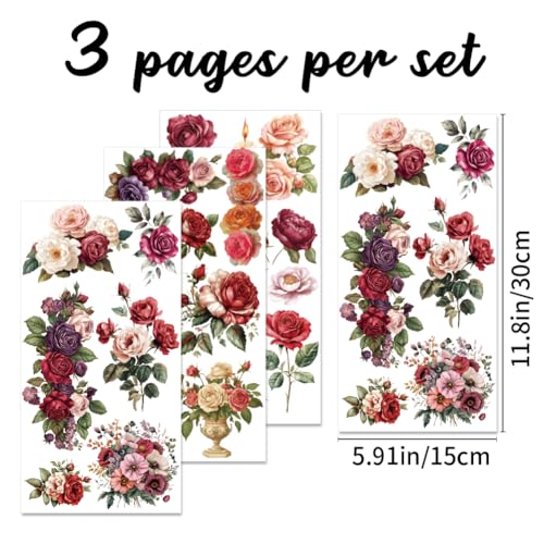 3 Sheets Red Rose Rub on Transfers for Crafts and Furniture Vivid Rose Vintage Floral Transfers Sticker for Wood Furniture Journal Scrapbooking Home Decor 5.9x11.8 inch - style: Style 2- Watercolor Painting with Flowers Patterns