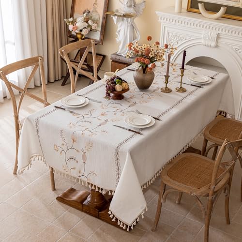 Joyfol Day Rustic Fall Rectangle Table Cloth, Heavy Duty Linen Florals Embroidery Tablecloths, Farmhouse Waterproof Tablecloth, Wrinkle Free Table Cover with Tassels, Coffee Berry, 55''x 70'' - color: Coffee Berry, size: 70" x 55" (Rectangular)