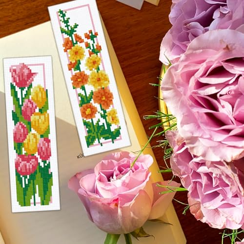 BEUNITONE 6 Set Floral Bookmark Cross Stitch Kits for Beginners with Instructions Floral Bookmarks Cross-Stitch Kit Stamped Embroidery Bookmark DIY Crafts Book Marker for Book Lovers 8''x2.4'' 11CT - style: Flower Cluster A