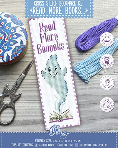 Povitrulya Boooooks' Counted Cross Stitch Bookmark Kit for Adults - DIY Embroidery Book Marker Set with Paper Pattern, 16 Count Aida Canvas and Pre-Sorted Floss - color: Boooooks