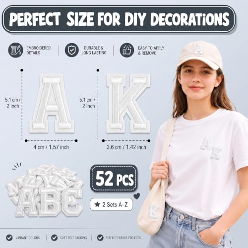 Jongdari Iron on Letters, 52 Pcs Alphabet Patches with Ironed Adhesive, Decorate Repair Patches for Shirts Jackets Hats Jeans Shoes Bags(White) - color: White, size: 52 Letters