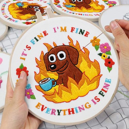 Nuberlic Cute Dog Embroidery Kits for Beginner Adults Cross Stitch Kit with Funny Animal Pattern Include Cloth Hoops Threads Needles - color: Dog