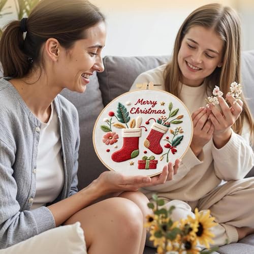LB Cute Christmas Embroidery Kit for Beginners Adults, 3 Sets Hand Embroidery Starter Kit with Gnome Pattern and Instructions Stamped Cross Stitch Kits Include Embroidery Hoop Needles Threads Scissors - color: Green Pink