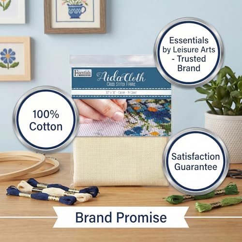 Essentials By Leisure Arts Aida Cloth, 14 Count, Cream Cross Stitch Fabric, Embroidery Fabric, Cross Stitch Supplies for Crafting, Stitching, and Sewing Projects 30X36