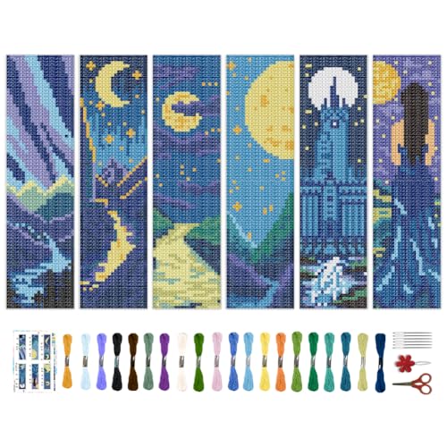 BEUNITONE 6 Pcs Cross Stitch Bookmark Kits for Adult Beginners Starry Sky Pattern DIY Stamped Embroidery Bookmark Kit with Instructions Cross Stitch Kits for Book Lovers Reader Writers Gift 2.4"x8" - style: Starlit Sky