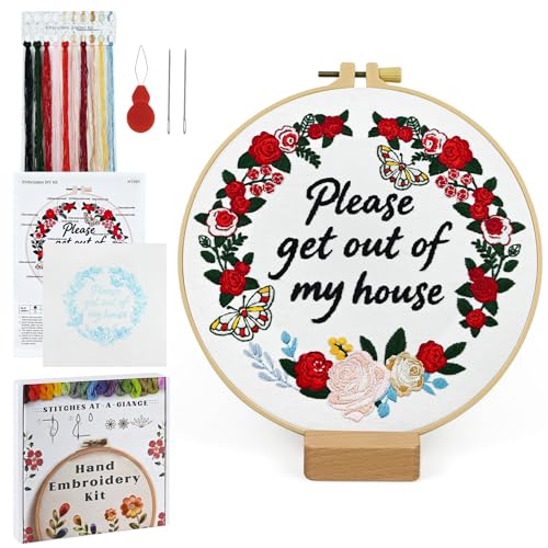 ElasignShopo Embroidery Kit for Beginners Adults – Funny Please Get Out of My House Cross Stitch Kit, Floral Butterfly Pattern Embroidery Starter Set with Hoop, Needles, Threads & Instructions - color: Funny Flower