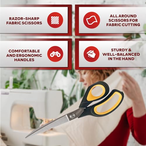 XFasten Sewing Scissors for Fabric Cutting Yellow 9.5 Inch Premium Professional Fabric Scissors Sewing | Large and Heavy duty - color: Yellow