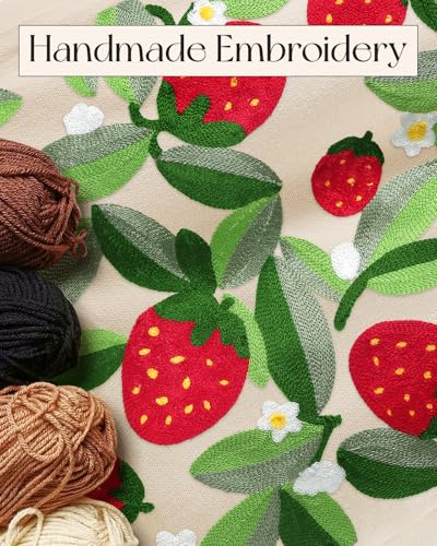 Miss Adola Lightweight Embroidery Canvas Tote Bag - color: Leaf Strawberry