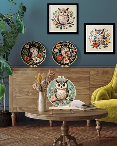 TINDTOP 5 Pack Embroidery Kit for Adult, Embroidery DIY Starter Kit, with Stamped Patterns, Hoop, Tools, Colorful Threads with Needles, Instructions - color: Owl