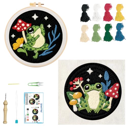 BEUNITONE 2PCS Punch Needle Kit for Adults Beginners, Frog Mushroom Needlepoint Crafts Kit for Adults, Complete Embroidery Starter Kit with Pre-Print Pattern and Hoop for Home Decor 7.9"x7.9" - color: 08-Frog Mushroom