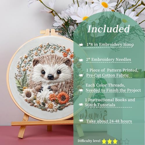 FONNUY Embroidery Kit for Beginners, Cute Hedgehog Stamped Embroidery Patterns Kits for Adults with Hoop, Easy to Follow Sewing Thread Needlework, 8'' Hoop (Tiny Ball) - color: Tiny Ball
