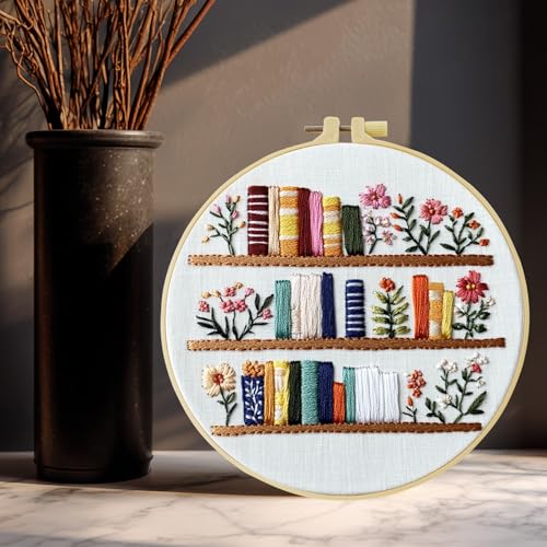 JOZYSH 8'' Flowers Embroidery Kit for Beginners Stamped Books and Flowers Pattern Embroidery Kit Cross Stitch Kit Embroidery Starter Kit with Instructions, Embroidery Hoops for Home Ofiice Decor