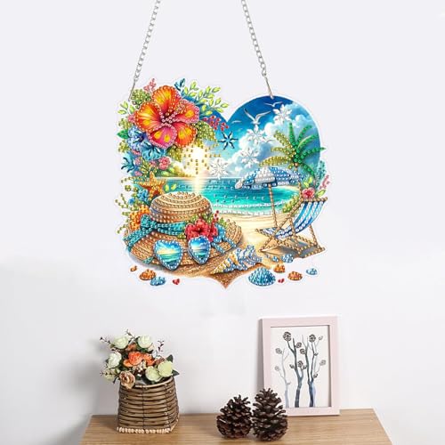 ARPADAMO Hanging Diamonds Art kit for Adult,DIY Summer Beach Pendant Diamonds Painting Art Kit, 7.2x7 inch Acrylic Diamonds Painting Board Kit Ornament, Special Crystal Diamond Hanging Ornament - color: DP00886