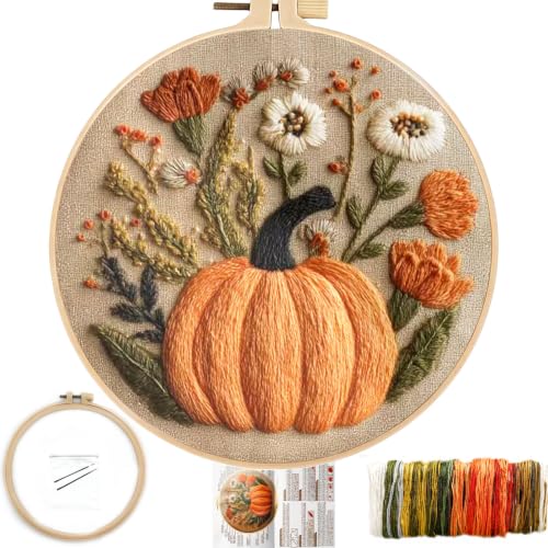 FONNUY Pumpkin Embroidery Kit for Beginners, Pre-Stamped Pattern Kits for Adults with Hoop, Easy to Follow Color Thread Needlework, 8'' Hoop (Flowers) - color: Flowers