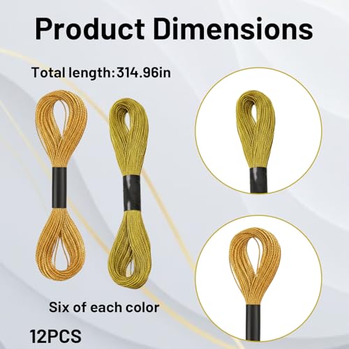 12 PCS Gold Embroidery Thread, Embroidery Floss for Cross-Stitch and Friendship Bracelets, Sewing Thread with Gold Shimmer, 8m Each in Golds and Golden Yellow