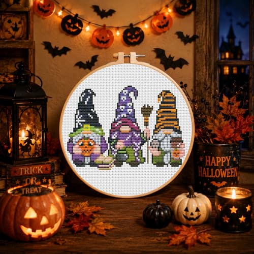 VIGEGU Gnome Stamped Cross Stitch Kits for Adults Beginners with Hoop Frame - color: Halloween Gnome Cross Stitch with Framed
