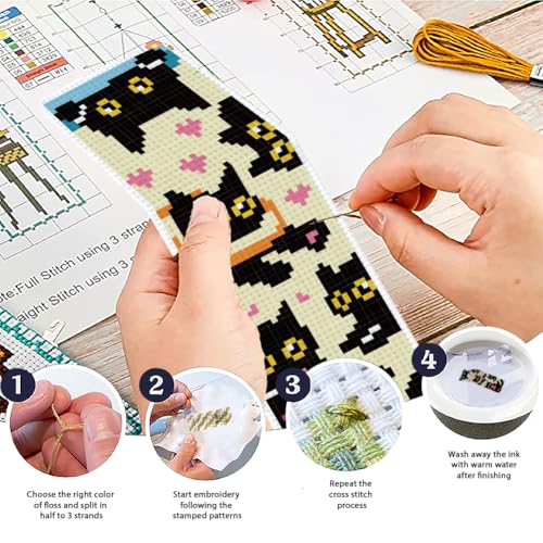 ACRNIGHEET 6PCS Cross Stitch Bookmark Kit for Beginner Stamped Cross Stitch Kits for Adults Naughty Black Cat DIY Tassel Embroidery Bookmark Kits Needlepoint Kit with Instructions Gift 8.5''x3'' 11CT - style: Cat Patterns