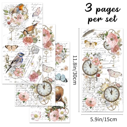 3 Sheets Flower Rub on Transfer Waterproof Floral Furniture Transfers Decal Bird Farmhouse Rub on Transfer 6x12 Butterfly Transfer Cabinet Stickers for Wood Door Craft Home Kitchen Decor - style: Style 1- Retro French