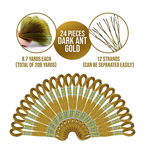 24 Metallic Deep Antique Gold Skeins of 100% Cotton Metallic - color: Gold Antique Floss