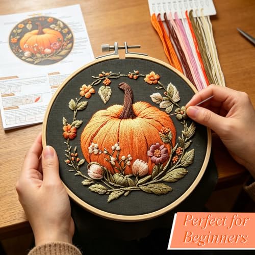 YOUDRN Pumpkin Embroidery Kit for Beginners, Embroidery Kits for Adults - color: Orange Pumpkin