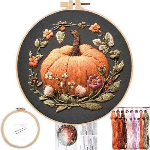 FONNUY Pumpkin Embroidery Kit for Beginners, Pre-Stamped Pattern Kits for Adults with Hoop, Easy to Follow Color Thread Needlework, 8'' Hoop (Orange) - color: Orange