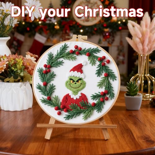BBLYBD Christmas Embroidery Kit, 1 Set Cross Stitch Craft Kit for Beginners with Pre-Printed Embroidery Fabric, Hoop, Step-by-Step Instruction, Color Threads & Needles (Christmas-1 Set) - color: Christmas-1 Set