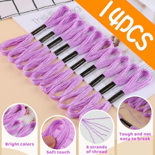 14 Skeins Embroidery Thread, Cotton Purple Embroidery Yarn Floss - color: Purple