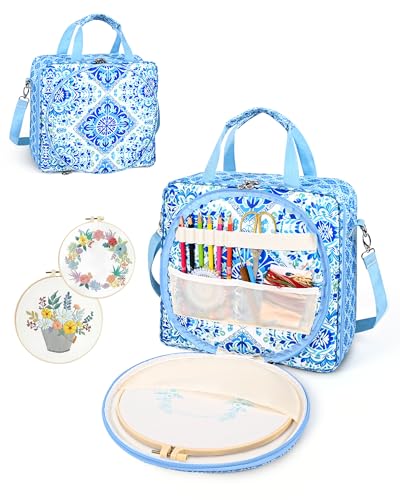 Telawsfun Embroidery Project Bag Organizer, Embroidery Supply Storage Bag with Removable Binder, Portable Carrying Tote for Thread Tools and Accessoriess, Bag Only - color: Blue