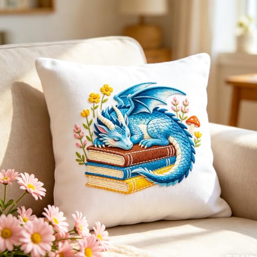 BEUNITONE 4 Set Embroidery Kits for Beginners with Dragon Pre-Print Patterns, DIY Craft Kits Include Instructions and 2 Embroidery Hoops, Cross Stitch Needlepoint Kits for Craft Lover and Home Decor - style: A-Dragon